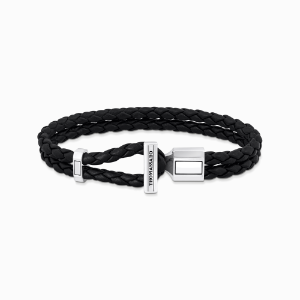 Silver double bracelet with braided, black leather