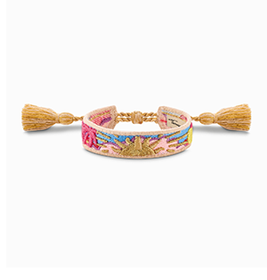 Woven bracelet with various ornaments in pink, blue, green & gold