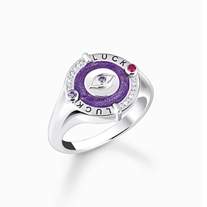 Silver signet ring with violet cold enamel and colourful stones