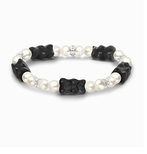 Silver pearl bracelet with 5 black Goldbears