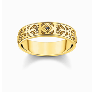 Gold-plated band ring with pattern and black zirconia