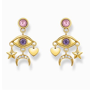 Yellow-gold plated earrings with stylised eye and various stones