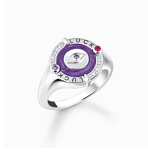 Silver signet ring with violet cold enamel and colourful stones