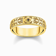 Gold-plated band ring with pattern and black zirconia