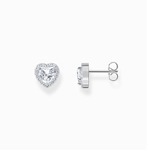 Silver heart-shaped halo ear studs with white zirconia