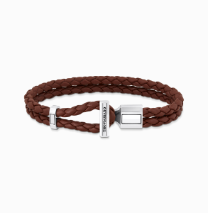 Silver double bracelet with braided, brown leather