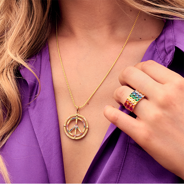Gold plated pendant peace sign with coloured stones