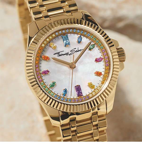 Watch for women Divine Rainbow coloured stones yellow gold-coloured