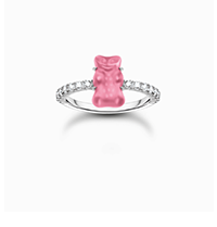 Silver ring with pink mini sized Goldbears and zirconia