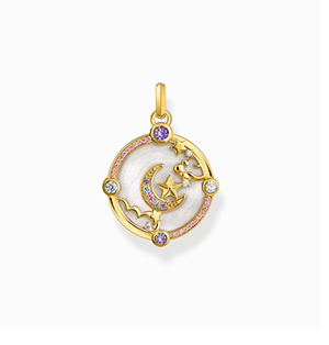 Pendant with half moon and colourful stones, yellow gold plated