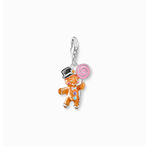 Silver charm pendant gingerbread man with stones and cold enamel