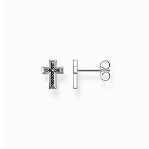 Ear studs cross with black stones silver