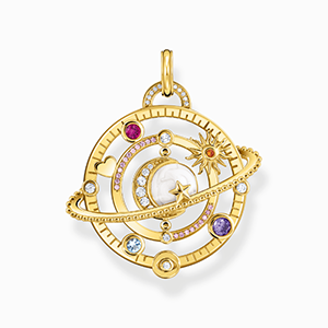 Yellow-gold plated pendant with planetary ring and various stones