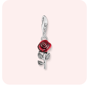 Silver blackened charm pendant in red rose design