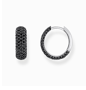 Silver small, wide hoop earrings with black zirconia