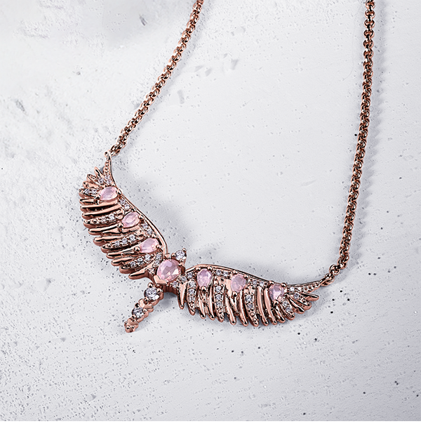 Necklace phoenix wing with pink stones rose gold