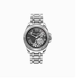 Silver women's watch with 33 mm, black dial and white flowers