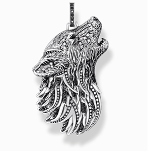 Silver blackened pendant howling wolf with stones