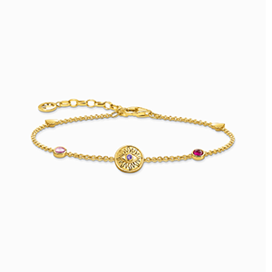 Yellow-gold plated bracelet with a sun coin and various stones