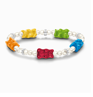 Silver pearl bracelet with 5 colourful goldbears