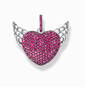 Silver blackened heart pendant with wings and ruby red zirconia