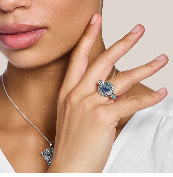 Ring rotatable with abalone mother-of-pearl silver