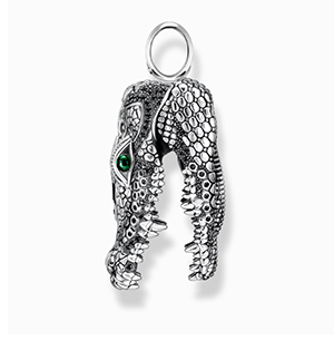 Blackened silver pendant crocodile head with black and green stones