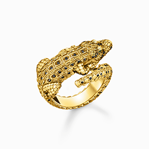 Yellow-gold plated ring with crocodile in 3D-Design