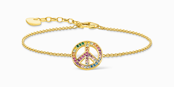 Gold plated bracelet with peace sign and coloured stones