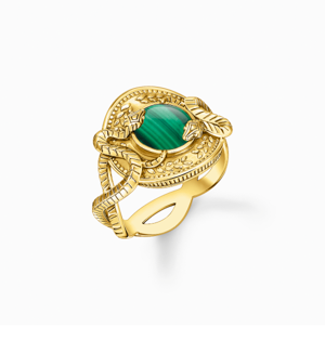 Ring snake with green malachite gold plated