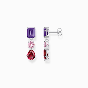 Silver earrings with red, pink and violet stones in various cuts