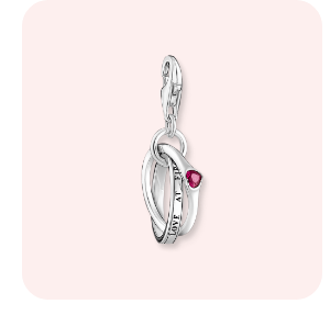 Silver charm pendant with two linked rings and a red stone