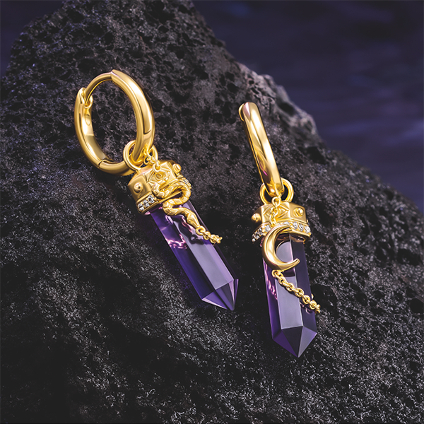 Hoop earrings with amethyst pendant, gold plated