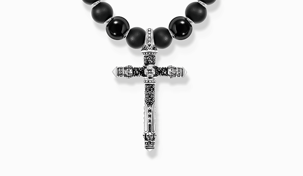 Silver blackened necklace made of black beads with cross pendant