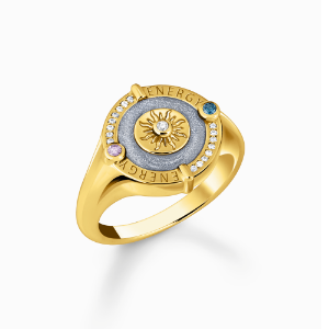 Gold-plated signet ring with blue cold enamel and stones