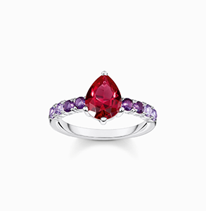 Silver solitaire ring with red and violet stones in various sizes