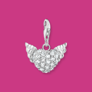 Charm pendant winged heart white stones silver