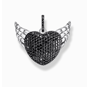 Silver blackened heart pendant with wings and black zirconia