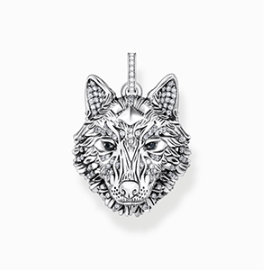 Silver blackened pendant wolf's face with stones