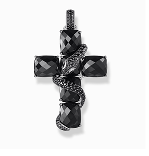 Silver blackened cross pendant with snake and black zirconia