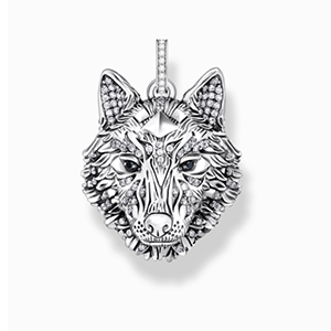 Silver blackened pendant wolf's face with stones