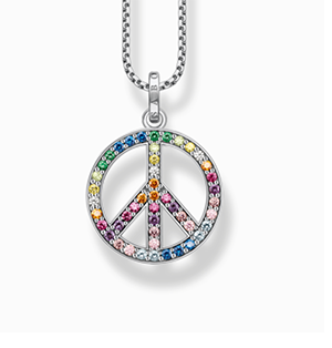 Blackened silver necklace with pendant peace-sign and coloured stones