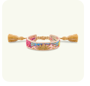 Woven bracelet with various ornaments in pink, blue, green & gold