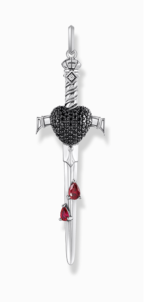 Silver blackened sword pendant with black and red stones