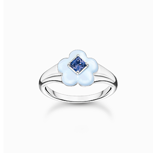 Ring flower with blue stone, silver