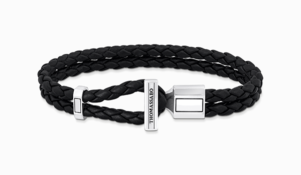 Silver double bracelet with braided, black leather