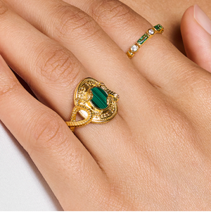Ring snake with green malachite gold plated