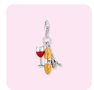 Silver charm pendant with red wine glass, Eiffel Tower & baguette
