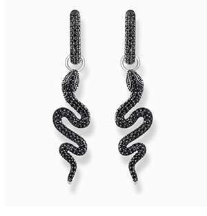 Silver blackened snake single hoop earring with black zirconia