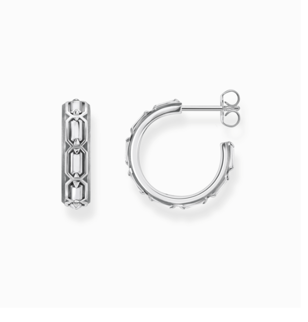 Blackened silver hoop ear rings crocodile shell structure